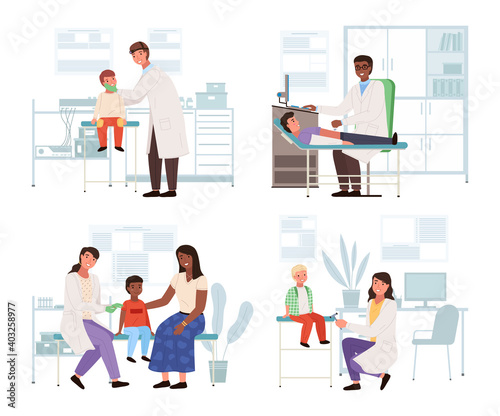 A set of illustrations on the topic of health check of little patients. Doctor examines children in hospital. People visiting the pediatrician. Treatment and diagnosis of childhood diseases