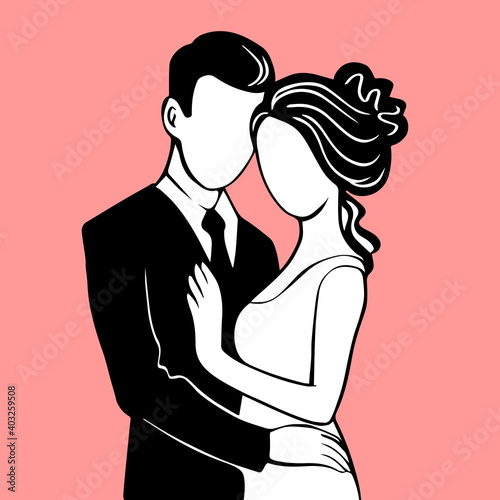 Silhouette of the bride and groom. Beautiful newlywed couple. Template for decorating wedding cards and invitations. Vector illustration with pink background.