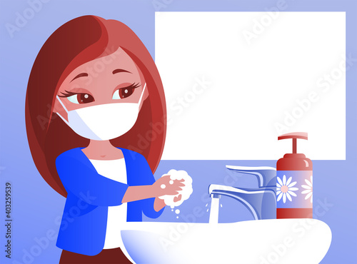 The girl washes her hands in the sink. Pandemic COVID-19. On the face a protective mask. Vector illustration about hygiene and infection prevention.