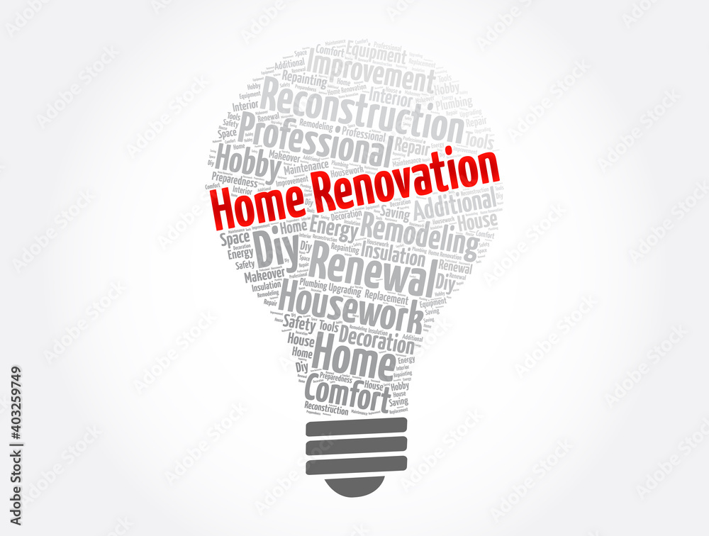 Home Renovation light bulb Word Cloud, business concept collage background Home Renovation light bulb Word Cloud, business concept collage background