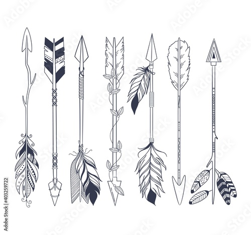 Arrow set in Native American Indian style. Vector hand drawn hipster illustration isolated on white background. Boho design, tattoo art, coloring book for adults.