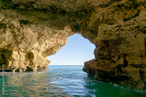 view of the inside of a sea c ave on the Algarve coast of Portugal
