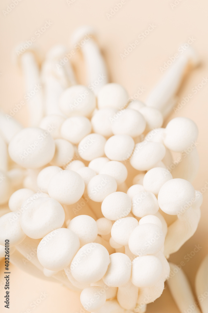 White beech mushrooms or Shimeji mushroom on pastel beige paper background.