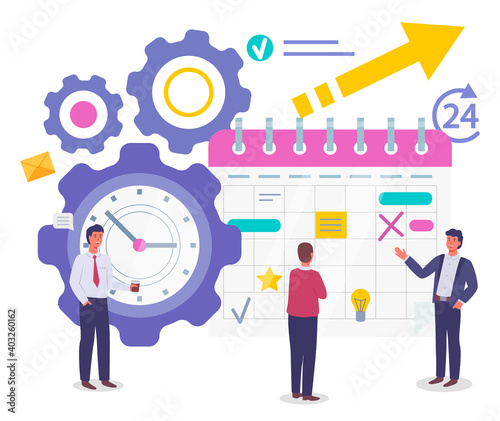 Time management, organizing effective time, planning dates, business meetings, businessmen standing near calendar with notes and clock, marks, productive time, productivity, workers control deadlines