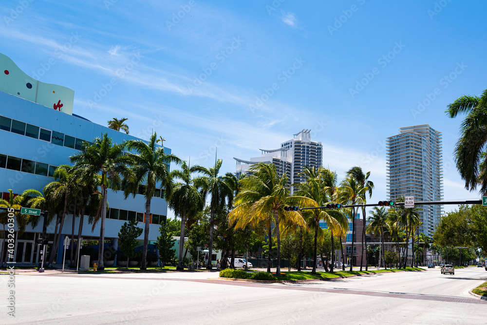 Miami Beach, Florida, USA - May, 2020: Miami Beach street. US South Beach outdoor. Miami Beach, Florida, USA - May, 2020: Miami Beach street. US South Beach outdoor.