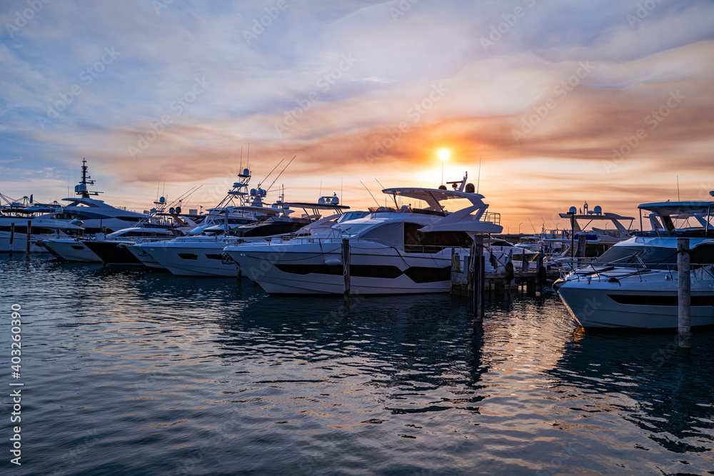 Yachts at sunset in Miami Beach. Beautiful view in the port.