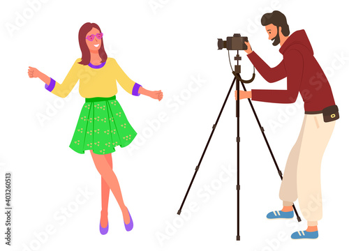 Photographer with photo camera and woman posing with flower, photosession vector. Girl and man taking picture, spring photoshooting. Photo for social media