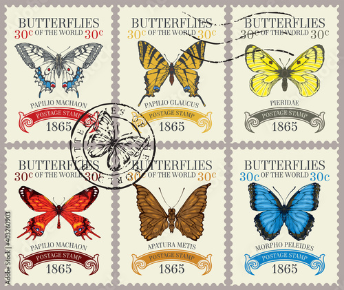Set of old postage stamps with various bright beautiful butterflies and their names on a light background. Vector postage stamps with postmark in retro style