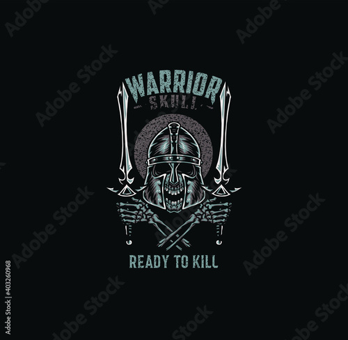 Warrior skull, t shirt graphic design, hand drawn line style with digital color, vector illustration