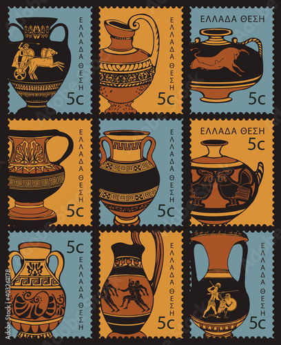 Set of decorative postage stamps with antique Greek amphorae in black and orange colors. Vector collection of postage stamps with a Greek inscription, which translates Greek Post