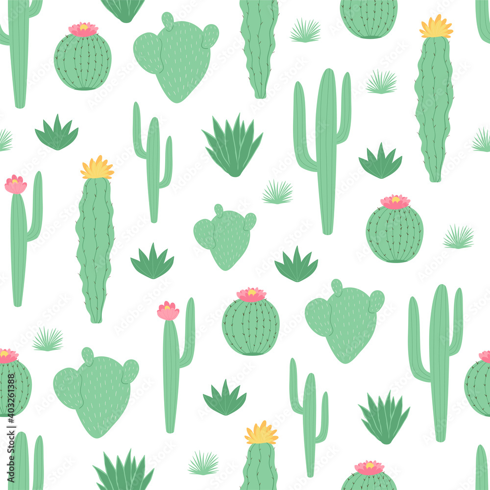 Children's seamless pattern with cactus on white background in cartoon style. Cute texture for kids room design, Wallpaper, textiles, wrapping paper, apparel. Vector illustration