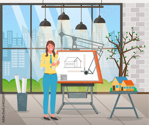 Girl architect working on project vector illustration in studio interior. Hardworking smiling woman drawing new plan and holding pencil and paper sheet . Scene with drawing equipment and house layout
