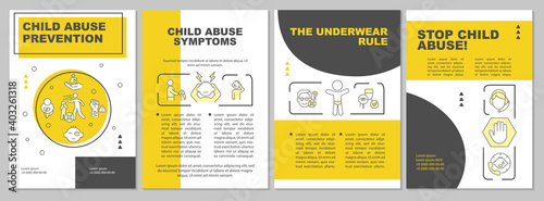 Child abuse prevention yellow brochure template. Protect minors. Flyer, booklet, leaflet print, cover design with linear icons. Vector layouts for magazines, annual reports, advertising posters