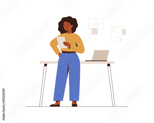 African American businesswoman works from office or home. Confident black female entrepreneur holds a tablet and uses it for planning or online meeting. Vector illustration isolated on white.