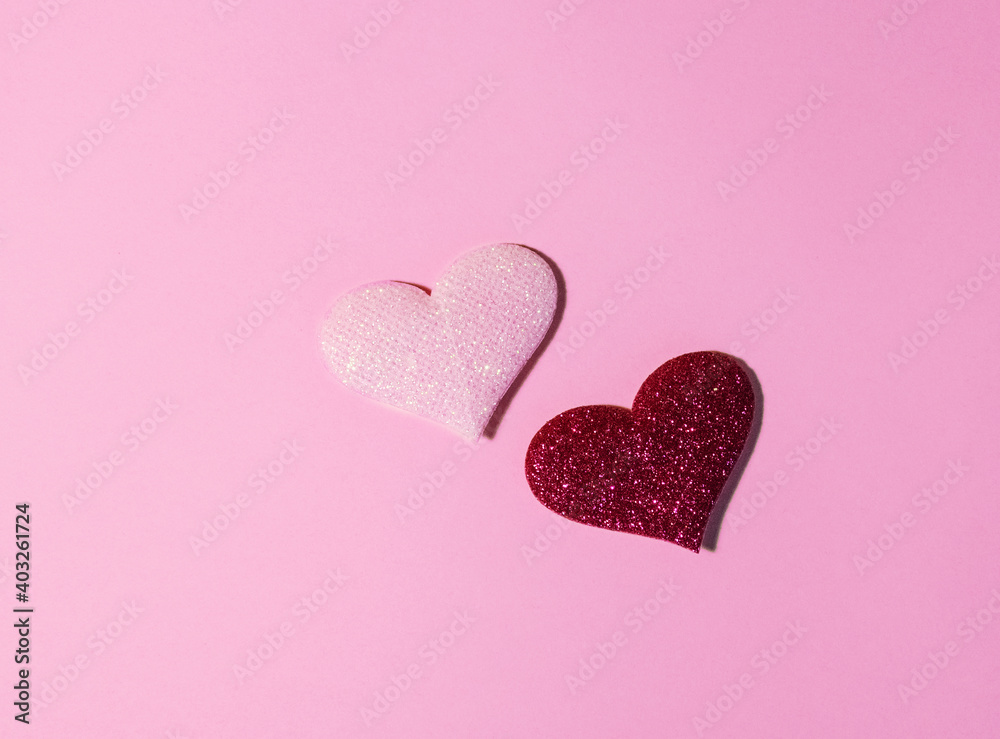 Pink shiny hearts for valentine's day isolated on pink background. Glitter and sparkles hearts. Expensive ornate banner. Valentine's day background