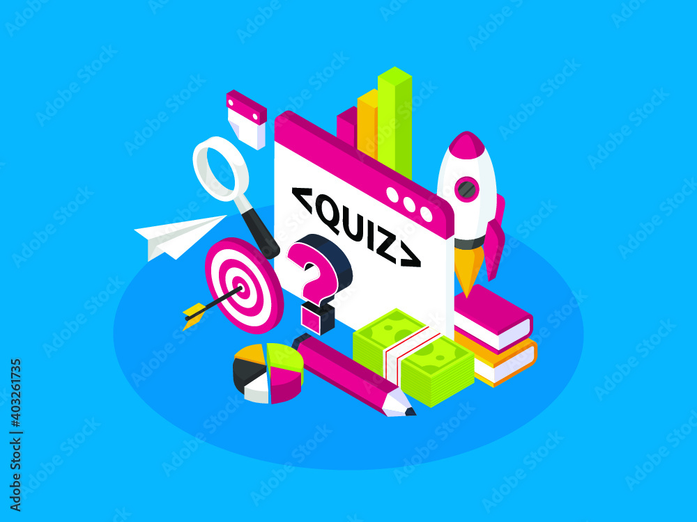 Flat 3d isometric Quiz concept. Test, exam, answer, education, learning, internet, lottery. Vector illustration Flat 3d isometric Quiz concept. Test, exam, answer, education, learning, internet, lottery. Vector illustration