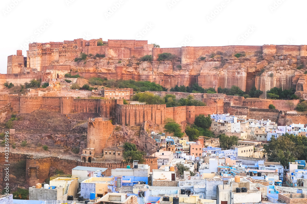 View of Mehrangar Fort from roof top the hotel in Jodhpur city, The Blue city in Rajasthan India.