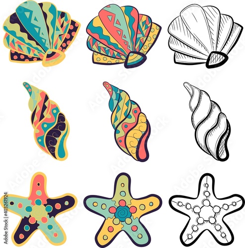 Small pack with marine elements - clams, shells, oysters and starfish. Vector collection with sketches and drawings of seashells and beach creatures.