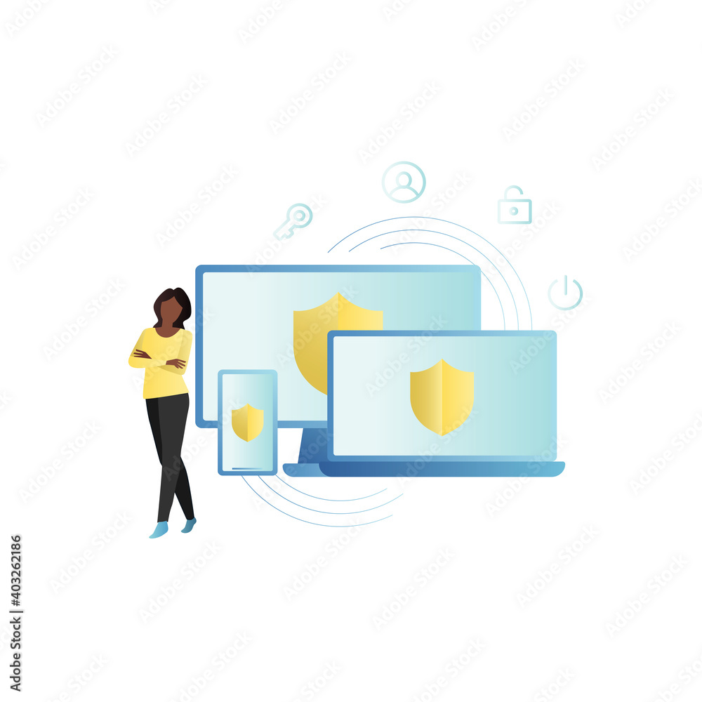 Vector girl,woman with smartphone,computer,laptop.Devices protected from virus threats,hacking, theft of personal information on Internet.Adaptation of an antivirus program for all screens of gadgets. Vector girl,woman with smartphone,computer,laptop.Devices protected from virus threats,hacking, theft of personal information on Internet.Adaptation of an antivirus program for all screens of gadgets.
