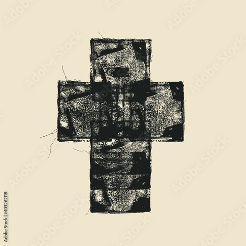Abstract black cross on an old paper background. Creative vector banner or illustration on the religious theme. Artistic Christian cross sign in grunge style