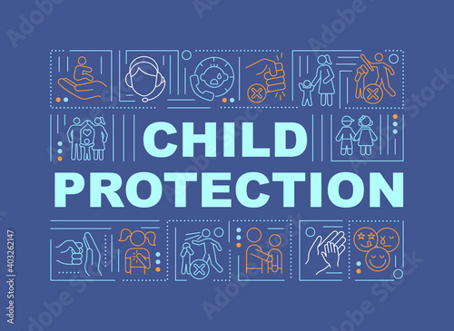 Child protection from abuse word concepts banner. Save kids from domestic violence. Infographics with linear icons on navy background. Isolated typography. Vector outline RGB color illustration