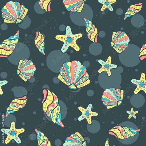 Colorful seamless pattern with different types of sea creatures. Underwater life, exotic and aquatic repetitive background. Shells, clams and starfish with ethnic and traditional motifs.