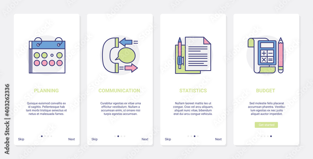 Business planning budget, communication vector illustration. UX, UI onboarding mobile app page screen set with line planner, office supplies for calculating business statistics and research symbols