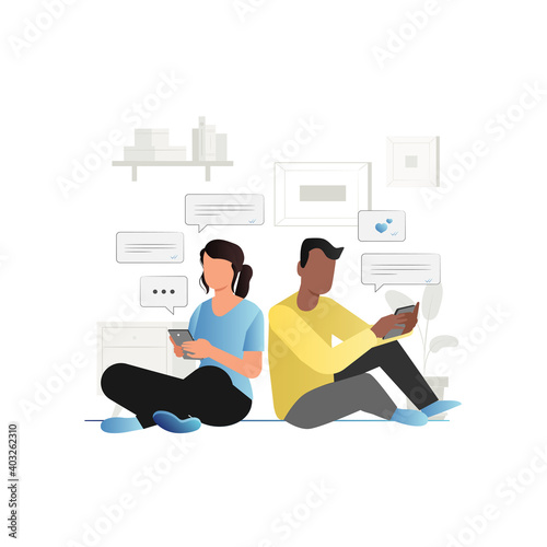 Vector man and woman correspond in smartphone by SMS, e-mail. Sending messages and emoticons. People are sitting in phone. Correspondence in social networks, messengers, chats, mail.
