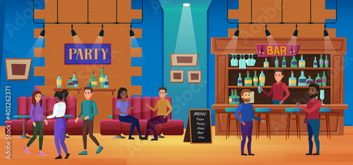 People on nightlife fun bar party vector illustration. Cartoon flat man woman friend characters talking, sitting at tables, ordering alcohol drinks from bartender at counter of nightclub background