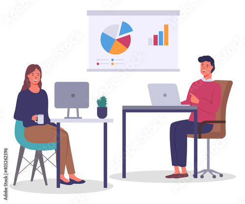 Teamwork process, office workers sitting at table and working at project, plan, colleagues looking at board and discussing presentation with charts, graphics, brainstorming, analysing strategy of work