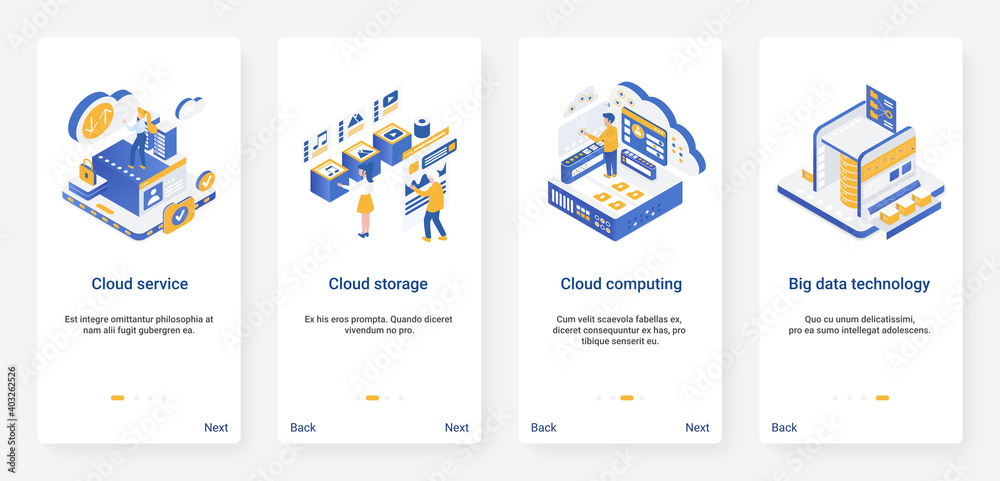 Isometric cloud data storage technology vector illustration. UX, UI onboarding mobile app page screen set with cartoon 3d computing, modern database service for storing, uploading file information