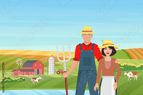 Farmers people and farm landscape vector illustration. Cartoon couple villagers characters standing together, cows grazing on green grass countryside farmland fields, village barn and mill background