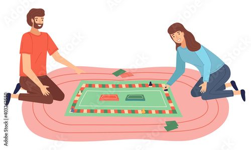 Playing game with cards, playing chips, monopoly game concept, woman and man spend interesting time, logic, training brain, leisure, hobby, recreation, fun time, isolated cartoon flat illustration