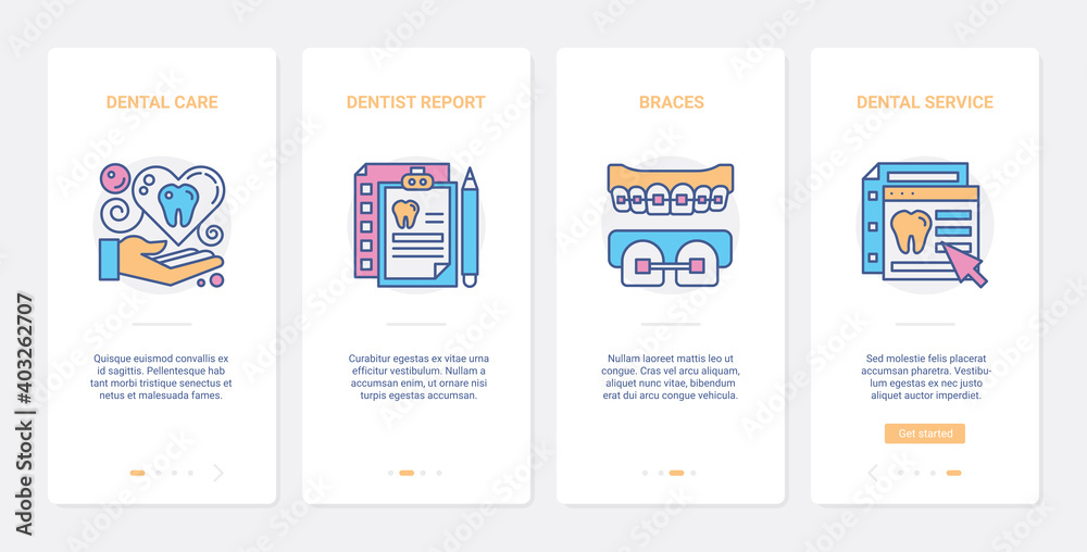 Dental care medicine technology vector illustration. UX, UI onboarding mobile app page screen set with line braces teeth, healthcare dentist appointment, report medical service, tooth health symbols