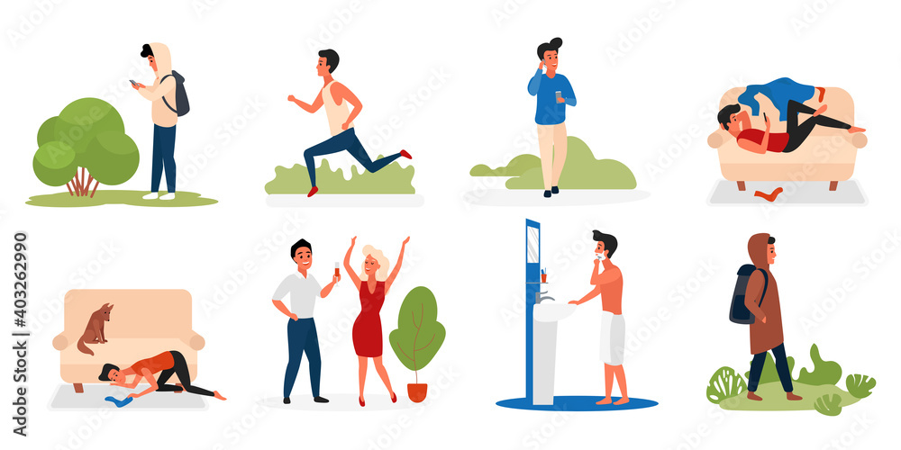 Man in daily activity vector illustration set. Cartoon active young male character shaving in bathroom, talking on phone and walking, celebrating, sport training jogging in city park isolated on white