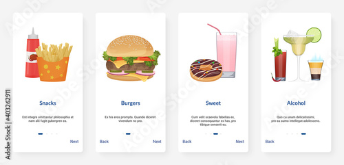 Fast food drink menu cartoon vector illustration. UX, UI onboarding mobile app page screen set with fastfood cafe takeaway burger and fries, milkshake and sweet dessert, drinking alcohol cocktail