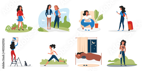 Girl in daily activity vector illustration set. Cartoon active young woman character eating pizza and sleeping, walking with friend, running in city park, traveling with suitcase isolated on white © lembergvector