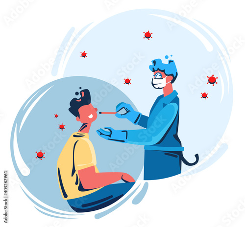 Covid test, doctor collects nose mucus by swab sample for covid-19 infection, patient being tested, medical checkup. Flat design Illustration. Vector.
