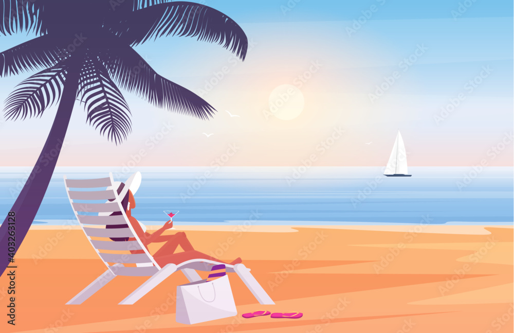 Woman relaxing and sunbathing on summer sea beach vector illustration