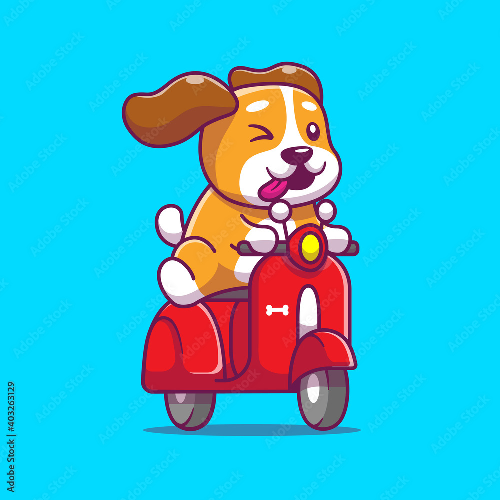 Cute Dog Riding Scooter Cartoon Vector Icon Illustration. Animal Transportation Icon Concept