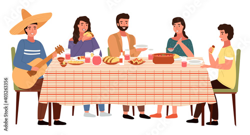 Family at a Mexican-style evening dinner. A man in sombrero plays the guitar vector illustration. Girl puts salsa on a guy s plate. Dining table with tacos and burritos. Relatives communicate at home