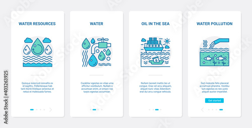 Eco water pollution problem vector illustration. UX, UI onboarding mobile app page screen set with line water resources symbol, oil spill in sea or ocean pollutes ecology ecosystem of environment