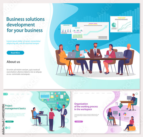 Business solutions development for your business, project management basics, organization of working process in workspace, landing page of website collection, business meeting, partners and colleagues