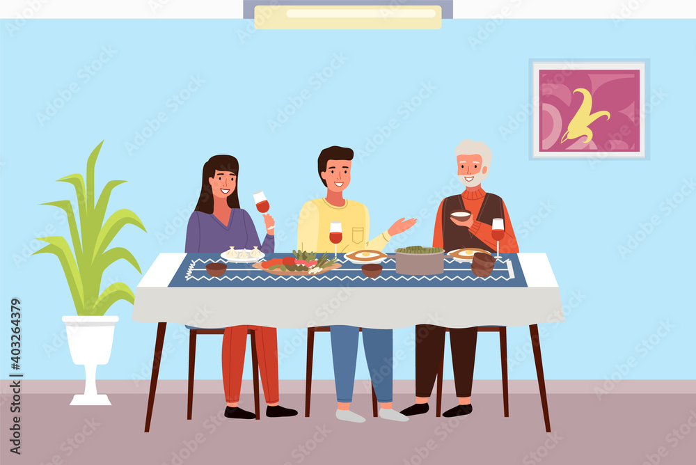 People are eating georgian food. Couple is communicating with a representative of Georgia. Table with khinkali and adjarian khachapuri. People are having a dinner at home. Girl drinking wine People are eating georgian food. Couple is communicating with a representative of Georgia. Table with khinkali and adjarian khachapuri. People are having a dinner at home. Girl drinking wine