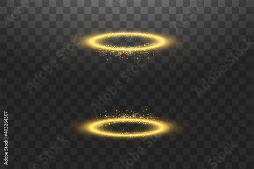 Futuristic teleport. Magic fantasy portal. Light effect. Golden Candles rays of a night scene with sparks on a transparent background. Empty light effect of the podium. Disco club dancefloor.