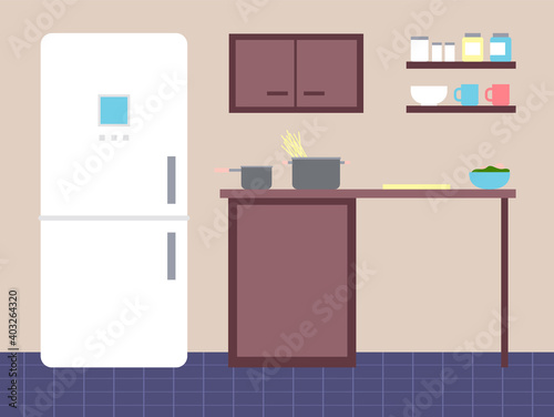 Kitchen with furniture. Cozy kitchen interior with table, stove, cupboard, dishes and fridge. Flat style dining room with refrigerator, part of the apartment where food is prepared vector illustration