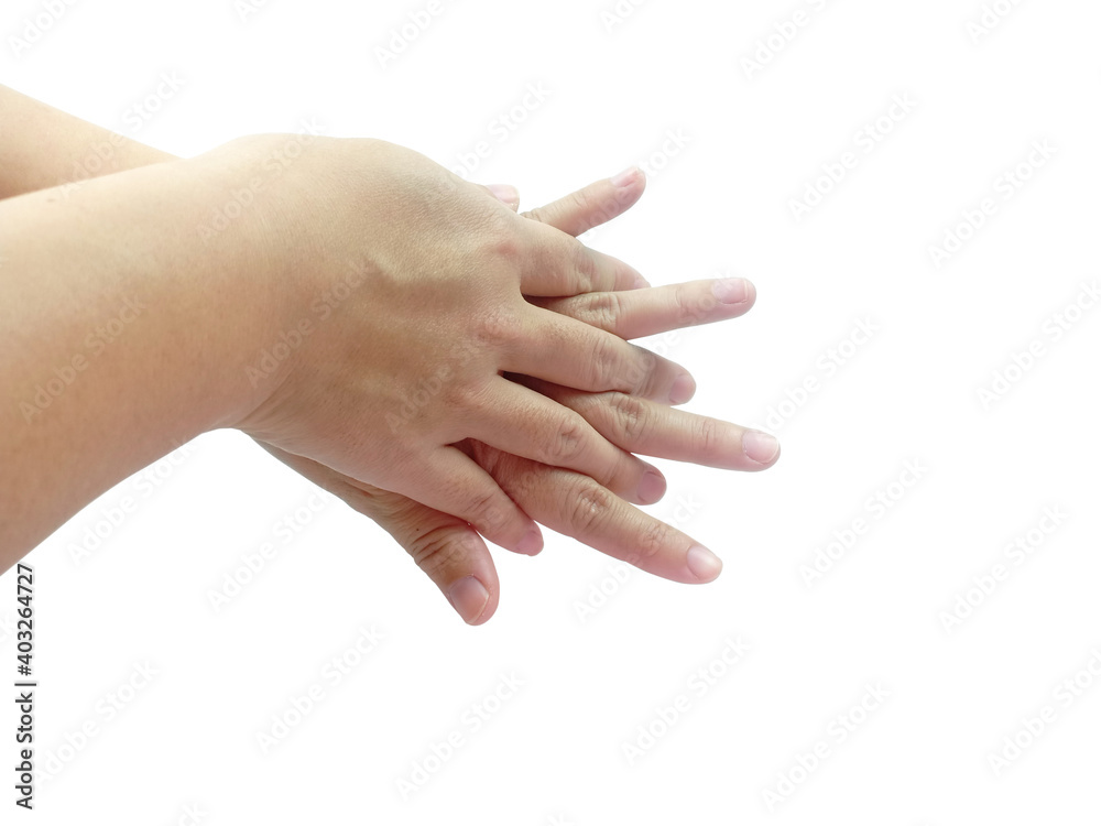 Woman hand gesture for hand washing step isolated on white background with clipping path. Woman hand gesture for hand washing step isolated on white background with clipping path.