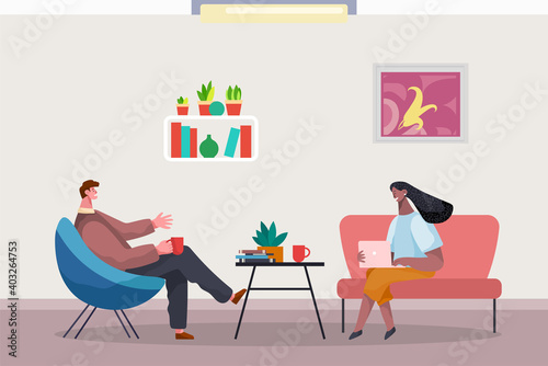 People in common workflow. Office workers characters dressed in formal clothes meeting, discussing matters in cabinet. Woman with laptop in hand talking to man sitting on the armchair drinking coffee