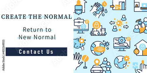 New normal concept web banner. Create the normal. Return to new normal. Contact us. New life after covid19 outbreak landing, web page layout template. Linear vector illustrations collection