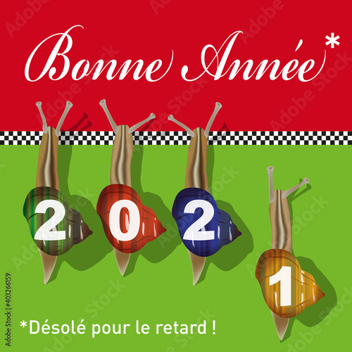 Carte de vœux 2021 originale et drôle, avec une course d’escargots symbolisant les retardataires ou ceux qui ont oublié de souhaiter leurs meilleurs vœux pour la nouvelle année.
